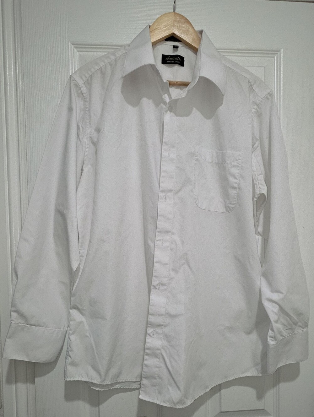 Amanti Men's White Long-Sleeve Dress Shirt with Chest Pocket